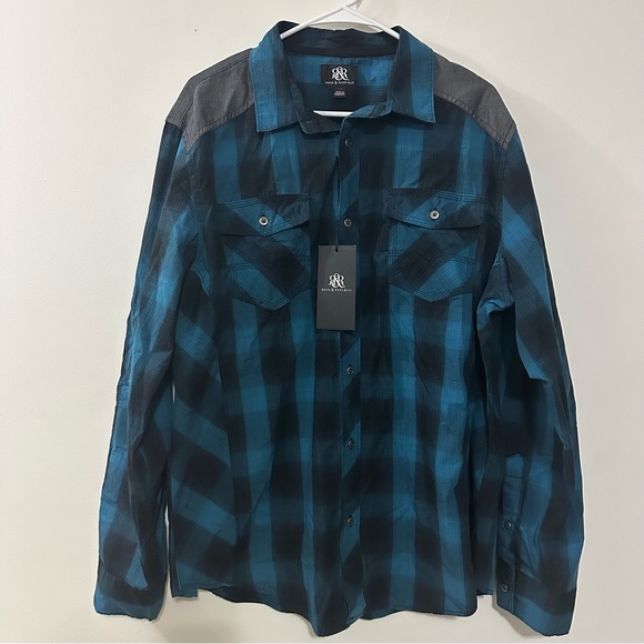 Rock & Republic Other - Rock & Republic Blue & Black Plaid “Western Style” Snap Down Shirt Size XL NWT